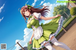 A woman in a green and white dress holding a shopping bag.