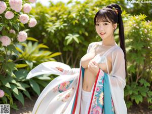 A woman in a white robe is posing for the camera.