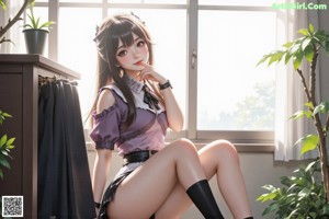 A woman in a purple shirt and black panties posing for a picture.