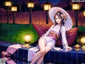 A woman in a purple kimono sitting on a suitcase.