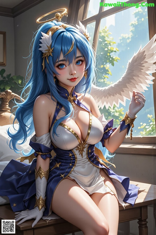 Hentai - Captivating Grace of the Cosmic Maiden Set.2 20250125 Part 8 No.40406a A woman with blue hair sitting on a bed with angel wings.
