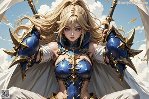 A girl with long blonde hair holding a sword.