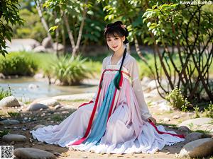 A woman in a pink and blue dress standing in a garden.