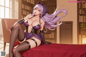 A naked anime girl with purple hair and a crown on her head.