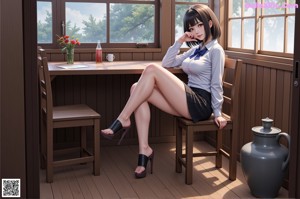 A woman in a black bikini sitting on a stool.