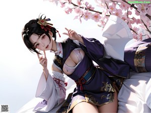A woman in a kimono sitting on the floor in front of a window.