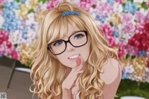 A nude anime girl sitting on top of a bed.