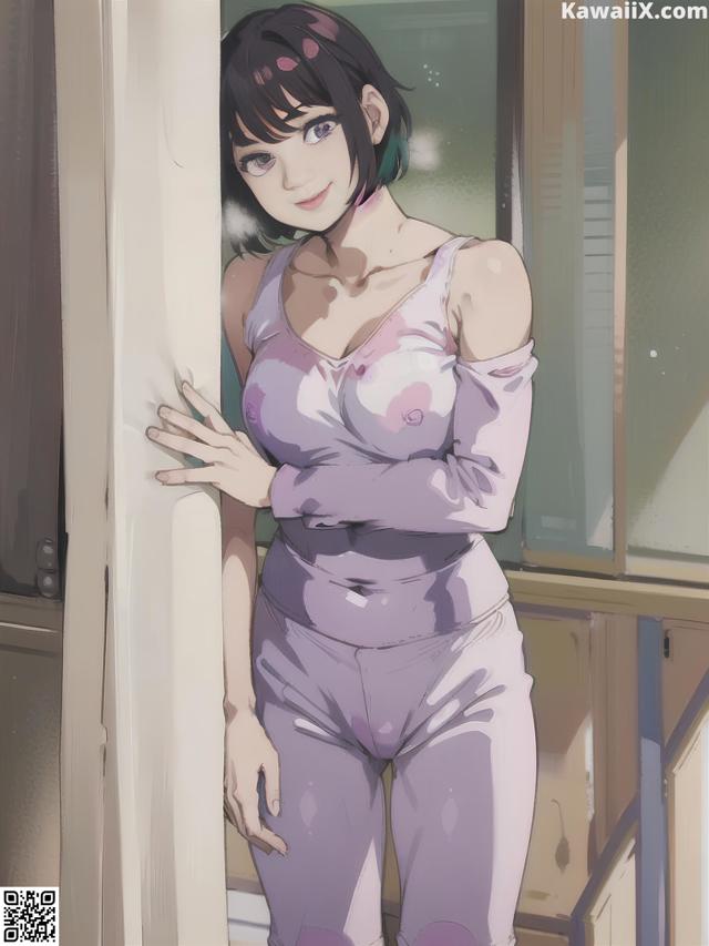A woman in a purple top and pants leaning against a window.
