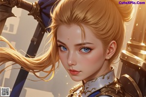 A woman in armor holding a sword in front of a castle.