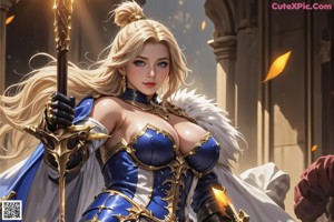 A woman in a bikini holding a sword in her hand.