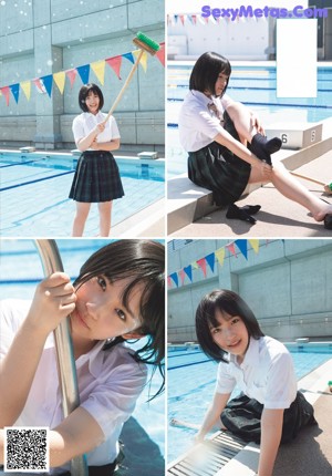 A woman in a school uniform is posing for a magazine.