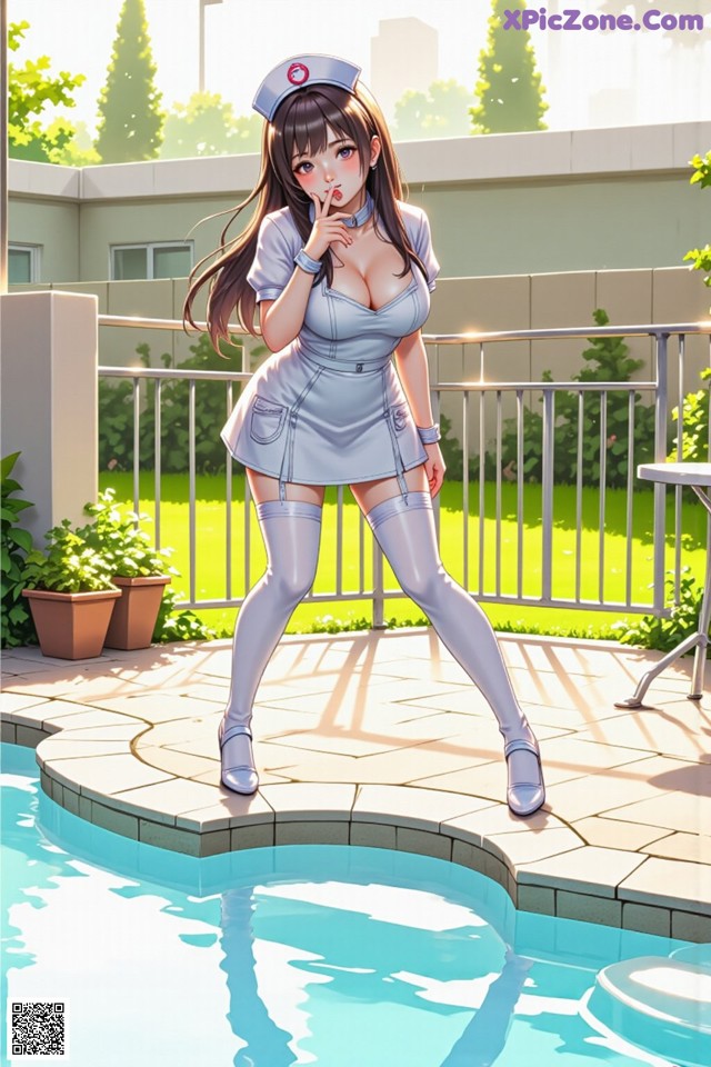 A woman in a nurse outfit standing next to a swimming pool.
