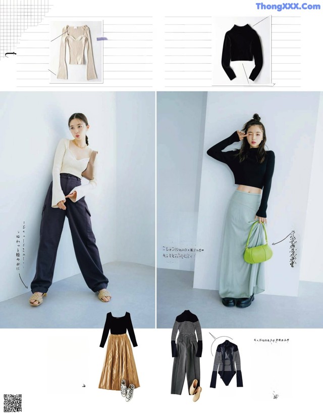 A woman in a black top and a green bag is posing for a magazine.