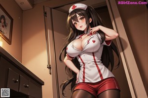 A woman in a nurse outfit sitting on the floor in front of a desk.