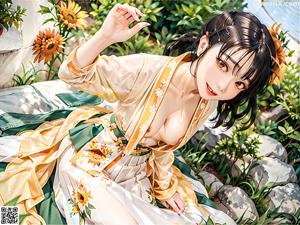 A woman in a blue kimono sitting by a pool.