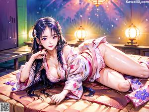 A woman in a pink kimono standing in front of a street light.