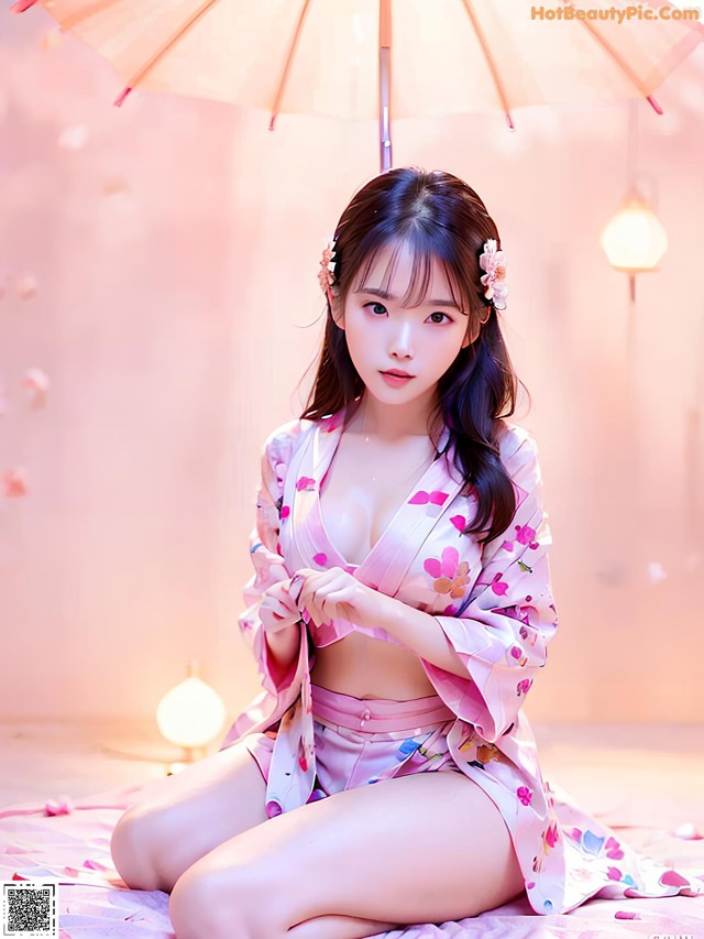 A woman in a pink kimono sitting on a bed under an umbrella.