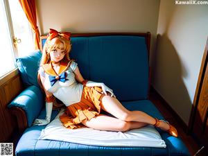 A woman in a sailor outfit is sitting on a bed.