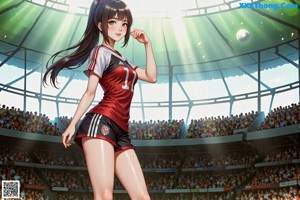 A woman in a red jacket kicking a soccer ball.