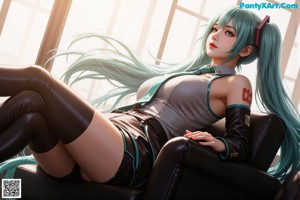 A woman with long green hair holding a gun.