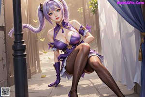 A woman in a purple and white outfit standing in front of a mirror.