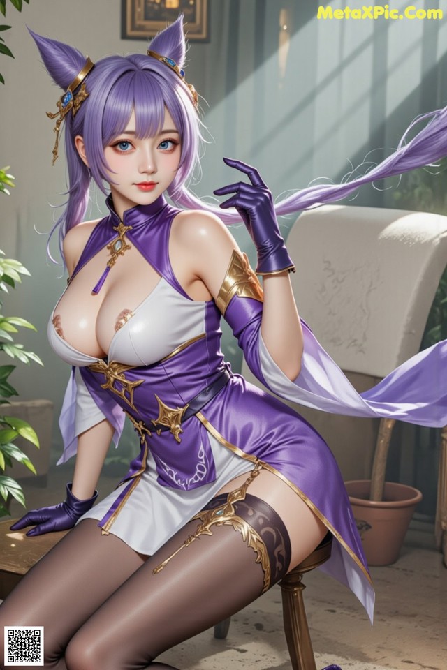 Hentai - Sovereign of Lightning in Exquisite Garb Set.2 20250126 Part 3 No.1bd727 A woman in a purple and white outfit sitting on a chair.