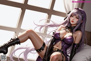 A woman with long purple hair wearing a purple outfit.