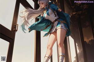 A woman with long white hair standing on a tree branch.