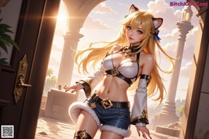 A woman in a bikini with a cat ears on her head.