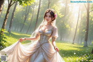 A woman in a wedding dress with a tia in the woods.