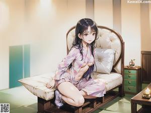 A woman in a pink kimono standing in front of a table.