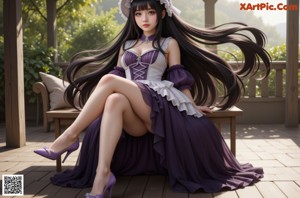 A woman in a purple dress is posing by a window.