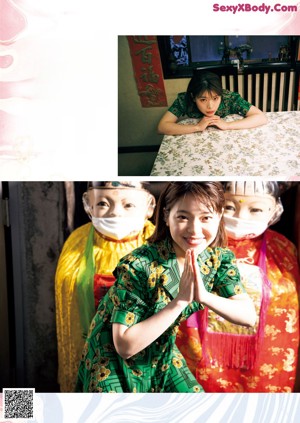 A collage of photos of a woman in a green dress.