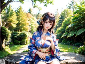 A woman in a blue kimono holding an umbrella.