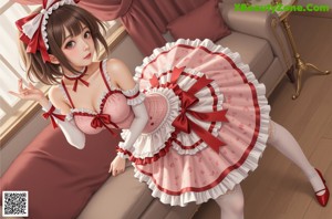A woman in a white dress with a red bow on her head.