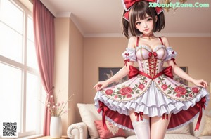 A woman in a red and white dress and stockings.