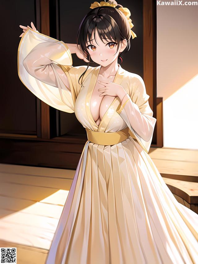 A woman in a white kimono is posing for the camera.