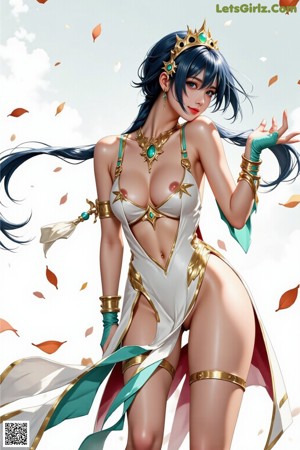 A woman in a bikini with a crown on her head standing on a rock.