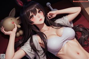 Anime girl with big tits sitting on a bed next to a rabbit.