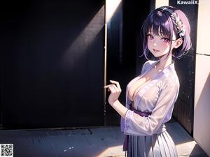 A woman in a maid outfit with a flower in her hair.