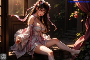 A woman in a pink dress with a flower in her hair.