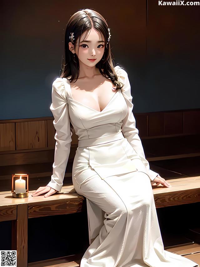 A woman in a white dress sitting on a bench.