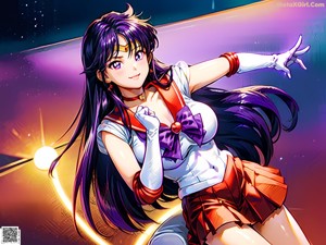 A girl with long purple hair sitting on a bed.
