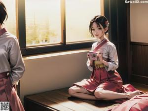 A woman in a kimono sitting on a bed.