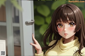 A close up of a girl with long brown hair and purple eyes.