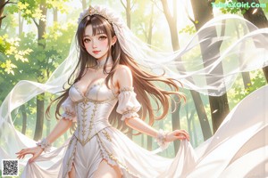 A woman in a wedding dress standing in the woods.