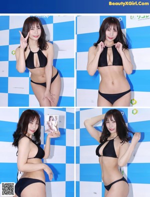 A woman in a black bikini posing for a magazine cover.